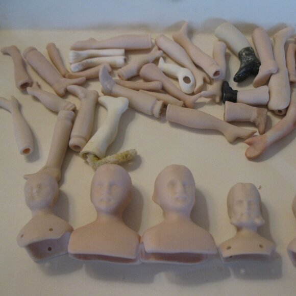 lot of old Bisque / Porcelain Doll Parts- Heads, Arms Legs -43 pieces, unpainted
